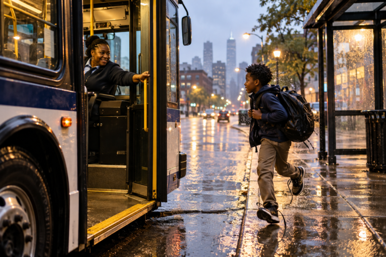 Black city bus driver waiting for a schoolboy running through the rain