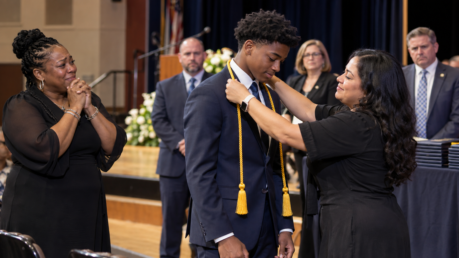 Black honors student, his mother and teacher during an emotional graduation ceremony