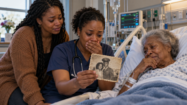 Black nurse holding an old family photograph beside an elderly patient and her granddaughter