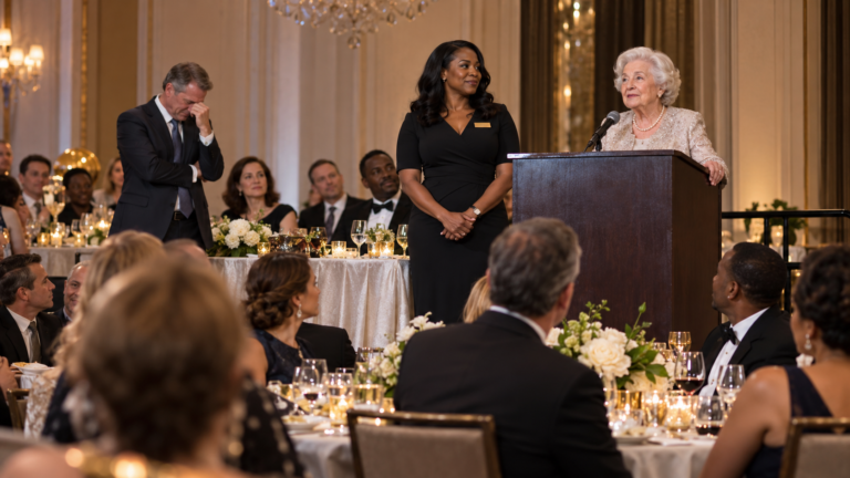 Black woman executive standing with the company founder at a formal dinner