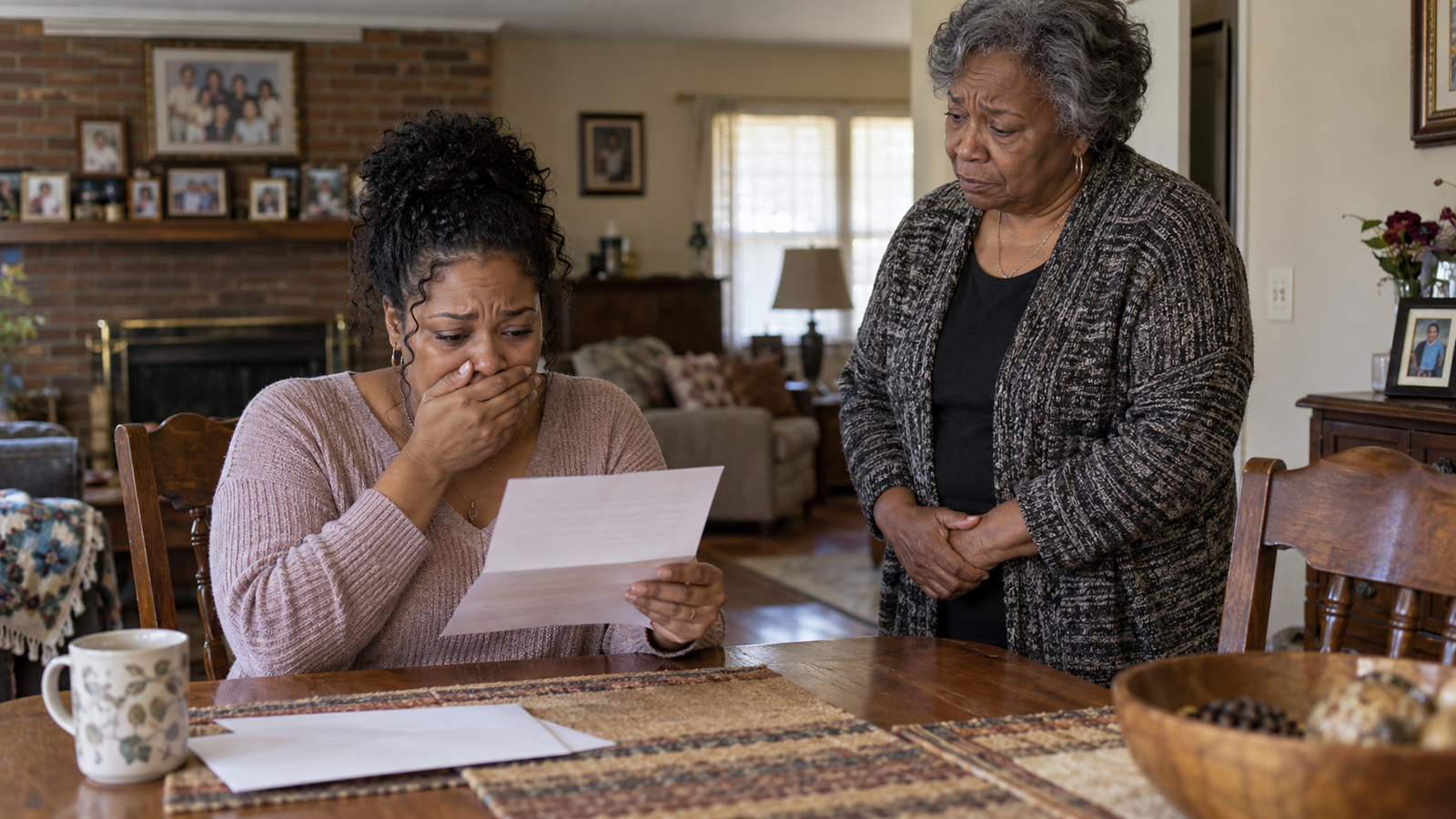 Black woman reading a hidden college acceptance letter across from her elderly mother