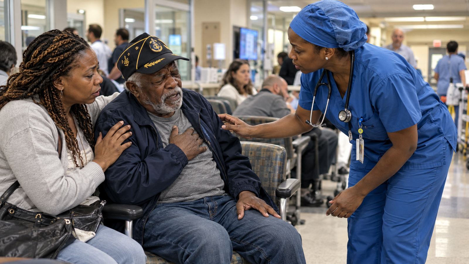 Elderly Black father in a hospital with his daughter and the surgeon who recognizes him