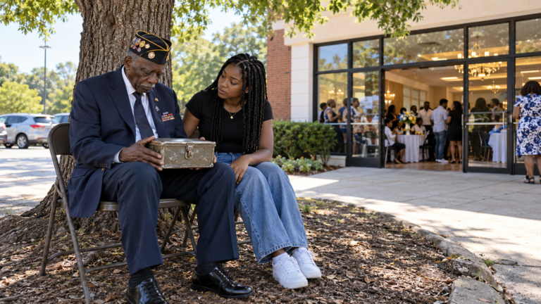 Elderly Black veteran waiting outside a family reunion in his service jacket