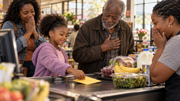 Young Black girl using her birthday money to pay for an elderly man's groceries