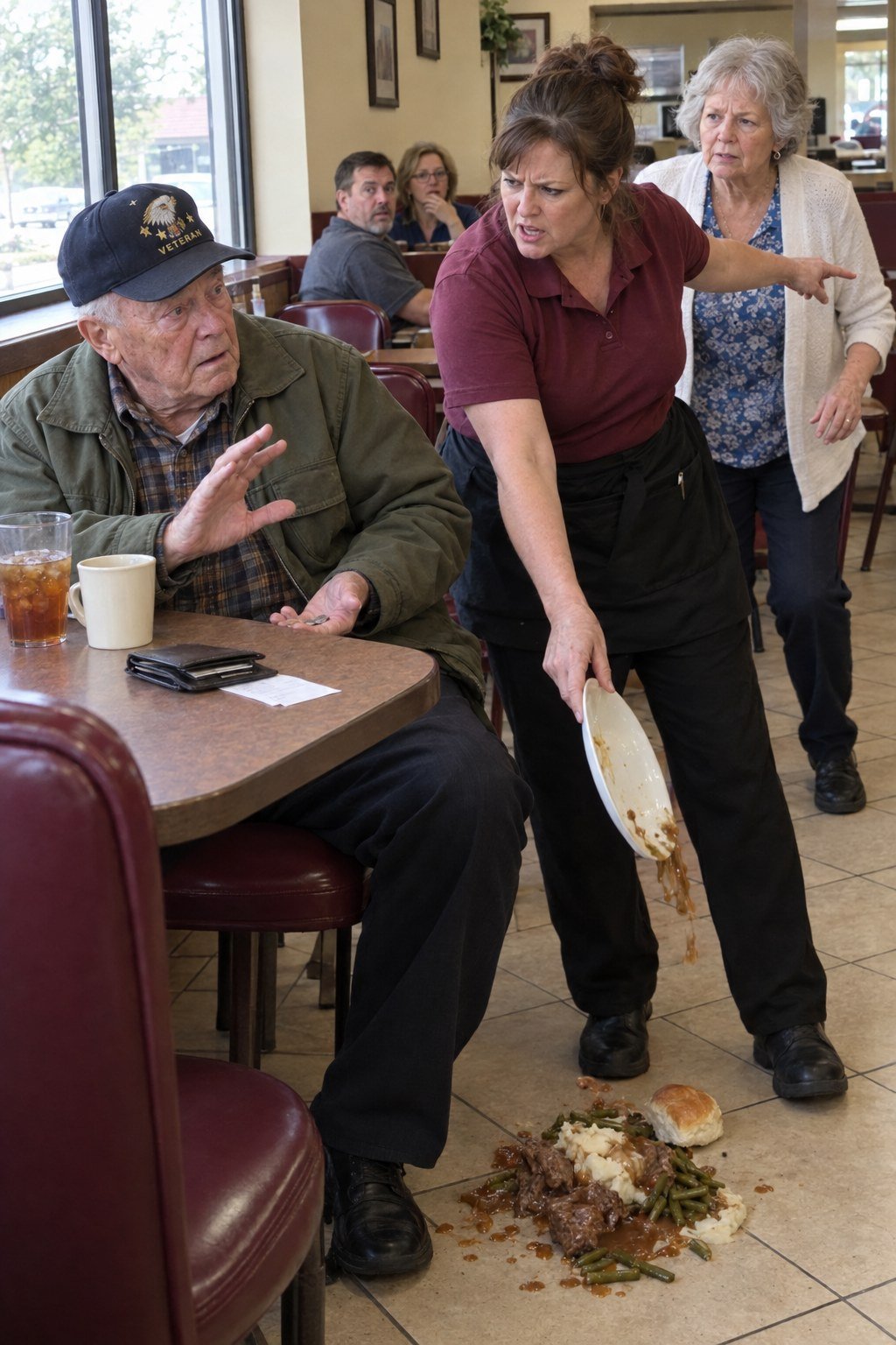 Frank reacts as a diner server tips his lunch onto the floor.